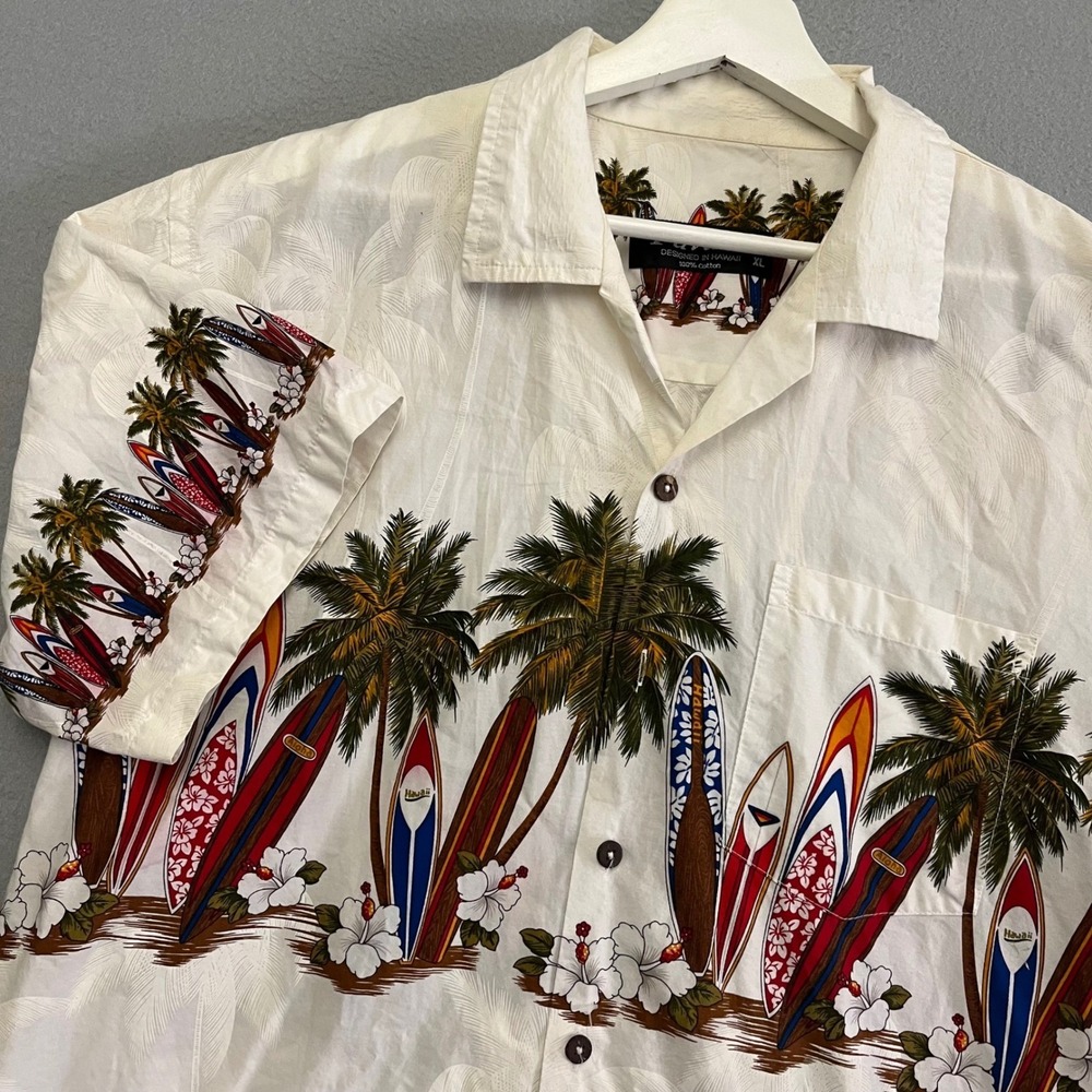 Favant Hawaiian Camp Shirt XL Jacquard Surfboards Palm Trees 100% Cotton Aloha